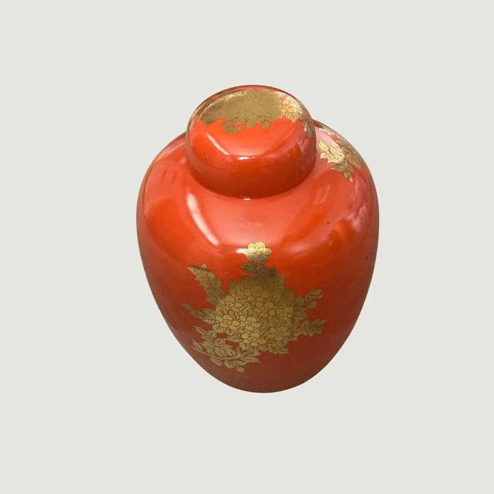 Vintage Andrea by Sadek Orange Gold Gilt Peacock Ginger Jar Chinoserie